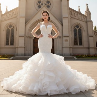 Luxury Mermaid Ruffle Wedding Dress with Long Sleeves
