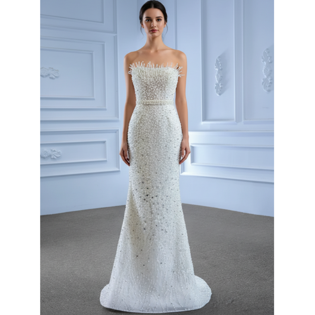 mermaid wedding dress with detachable skirt Beaded Pearl Mermaid Wedding Dresses with Detachable Skirt White / 10