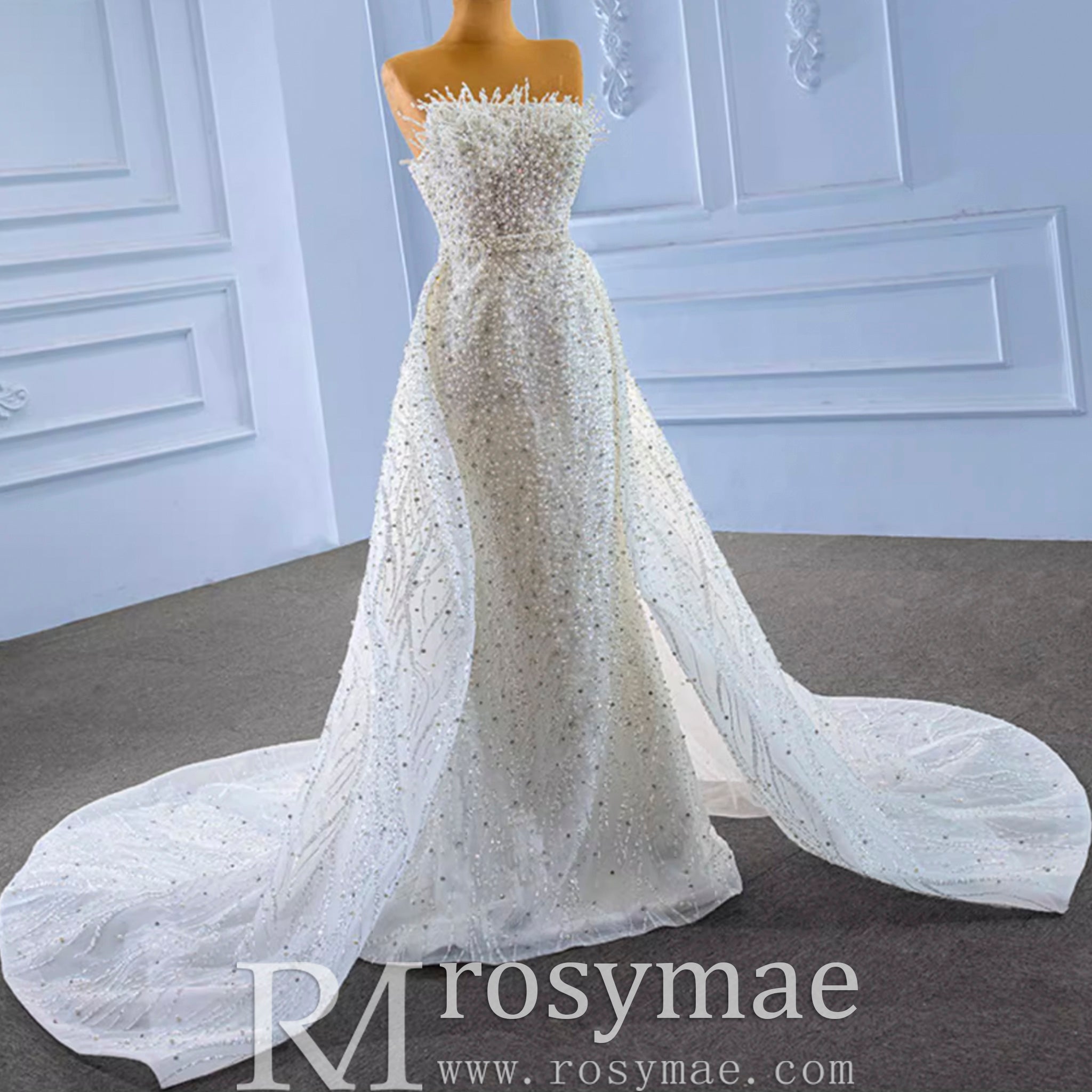 Beaded Pearl Mermaid Wedding Dresses with Detachable Skirt White / 10 Beaded Pearl Mermaid Wedding Dresses with Detachable Skirt White / 10