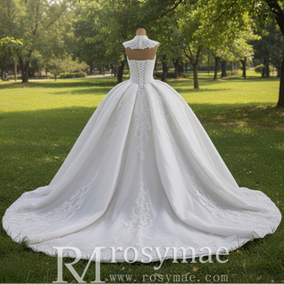 Vestido de novia de lujo con falda abullonada brillante y chaqueta desmontable