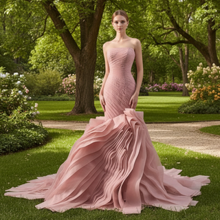 High-End Blushing Pink Cascading Ruffles Flower Mermaid Prom Dresses