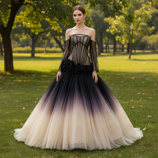 Gothic Ombre Evening Gown with Black Illusion Corset and 3D Flower Appliqués