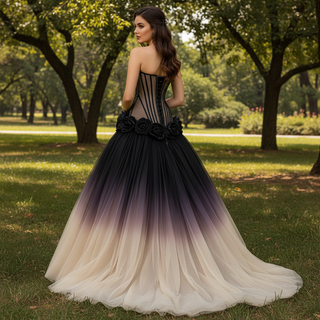 Gothic Ombre Evening Gown with Black Illusion Corset and 3D Flower Appliqués