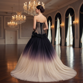 Gothic Ombre Evening Gown with Black Illusion Corset and 3D Flower Appliqués