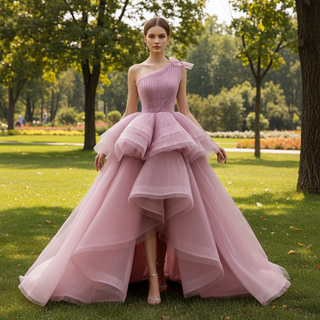 High-Low Blush One-Shoulder Ball Gown with Cascading Tiered Ruffles & Ruched Bodice