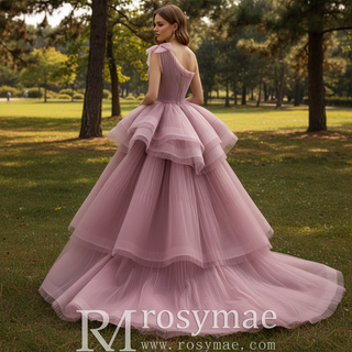 High-Low Blush One-Shoulder Ball Gown with Cascading Tiered Ruffles & Ruched Bodice
