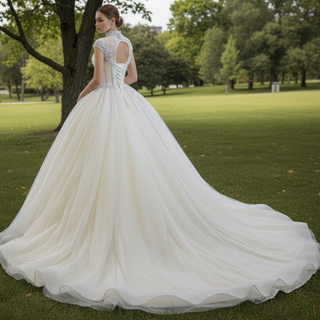 High O-neck Sparkly Ball Gown Wedding Dress with Keyhole Back