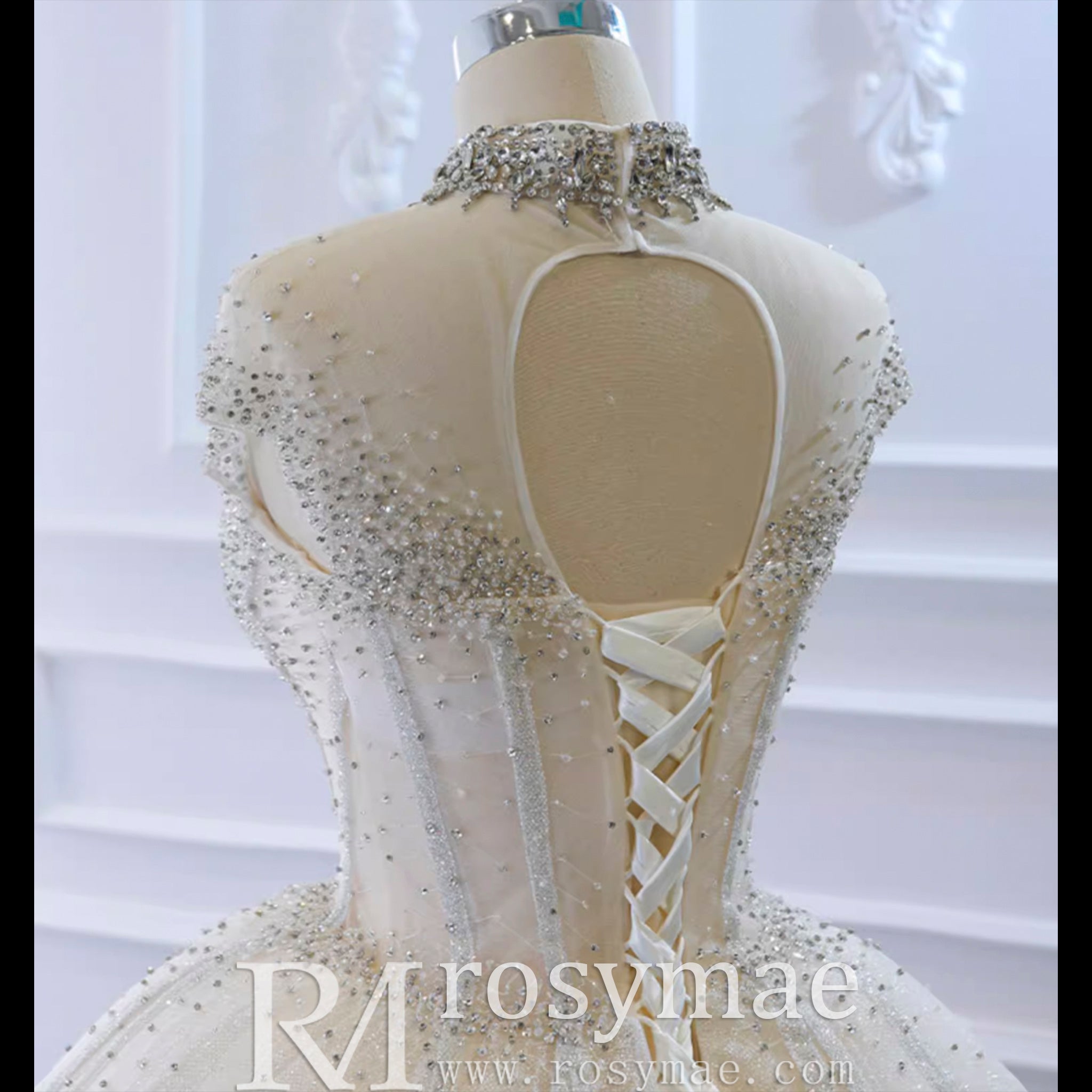 High O-Neck Sparkly Ball Gown Wedding Dress with Keyhole Back White / 30W High O-Neck Sparkly Ball Gown Wedding Dress with Keyhole Back White / 30W