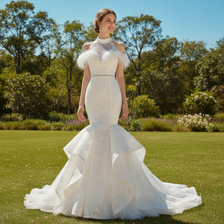 High Neck Elegant Luxury Trumpet Wedding Dress with Feather