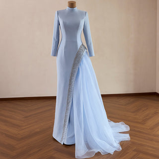 Crystal Modest Prom Dress with Tailored Princess Seams & Voluminous Side Drape