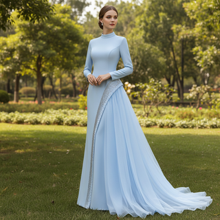 Crystal Modest Prom Dress with Tailored Princess Seams & Voluminous Side Drape