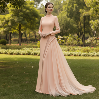 Crystal Modest Prom Dress with Tailored Princess Seams & Voluminous Side Drape