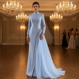 Crystal Modest Prom Dress with Tailored Princess Seams & Voluminous Side Drape