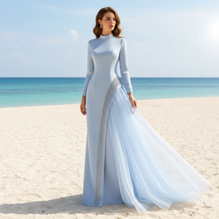 Crystal Modest Prom Dress with Tailored Princess Seams & Voluminous Side Drape