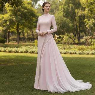 Crystal Modest Prom Dress with Tailored Princess Seams & Voluminous Side Drape