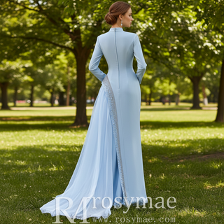 Crystal Modest Prom Dress with Tailored Princess Seams & Voluminous Side Drape