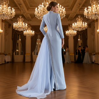 Crystal Modest Prom Dress with Tailored Princess Seams & Voluminous Side Drape