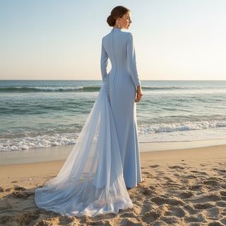 Crystal Modest Prom Dress with Tailored Princess Seams & Voluminous Side Drape