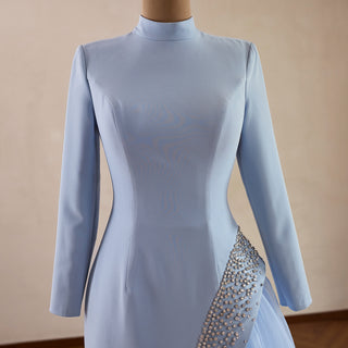 Crystal Modest Prom Dress with Tailored Princess Seams & Voluminous Side Drape