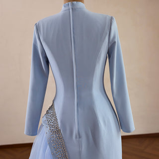 Crystal Modest Prom Dress with Tailored Princess Seams & Voluminous Side Drape