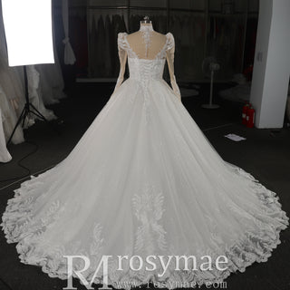 Vintage-Style High-Neck Royal Ball Gown Wedding Dress with Baroque Lace Appliqués