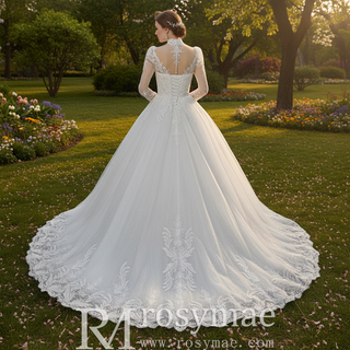 Vintage-Style High-Neck Royal Ball Gown Wedding Dress with Baroque Lace Appliqués