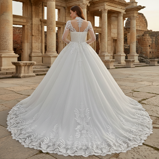 Vintage-Style High-Neck Royal Ball Gown Wedding Dress with Baroque Lace Appliqués