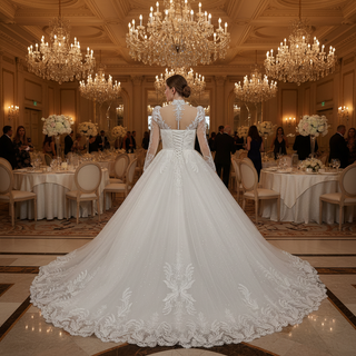 Vintage-Style High-Neck Royal Ball Gown Wedding Dress with Baroque Lace Appliqués