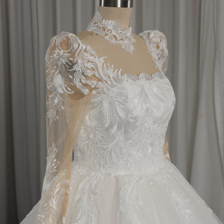 Vintage-Style High-Neck Royal Ball Gown Wedding Dress with Baroque Lace Appliqués