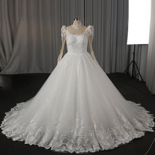 Vintage-Style High-Neck Royal Ball Gown Wedding Dress with Baroque Lace Appliqués