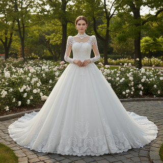 Vintage-Style High-Neck Royal Ball Gown Wedding Dress with Baroque Lace Appliqués