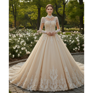 Vintage-Style High-Neck Royal Ball Gown Wedding Dress with Baroque Lace Appliqués