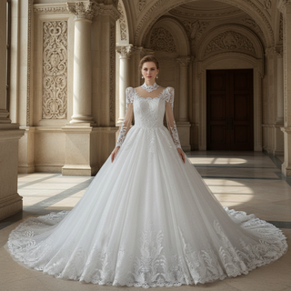 Vintage-Style High-Neck Royal Ball Gown Wedding Dress with Baroque Lace Appliqués