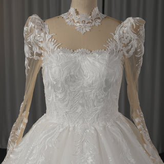 Vintage-Style High-Neck Royal Ball Gown Wedding Dress with Baroque Lace Appliqués
