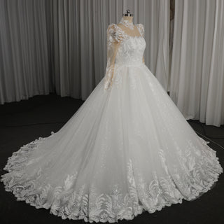 Vintage-Style High-Neck Royal Ball Gown Wedding Dress with Baroque Lace Appliqués