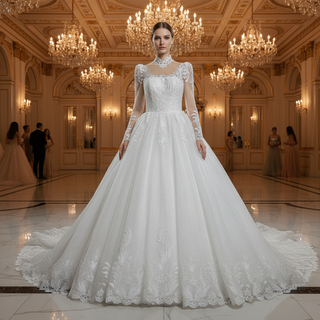 Vintage-Style High-Neck Royal Ball Gown Wedding Dress with Baroque Lace Appliqués