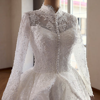 Modest Regal High Neck Long Sleeve Lace Wedding Dress with Overskirt