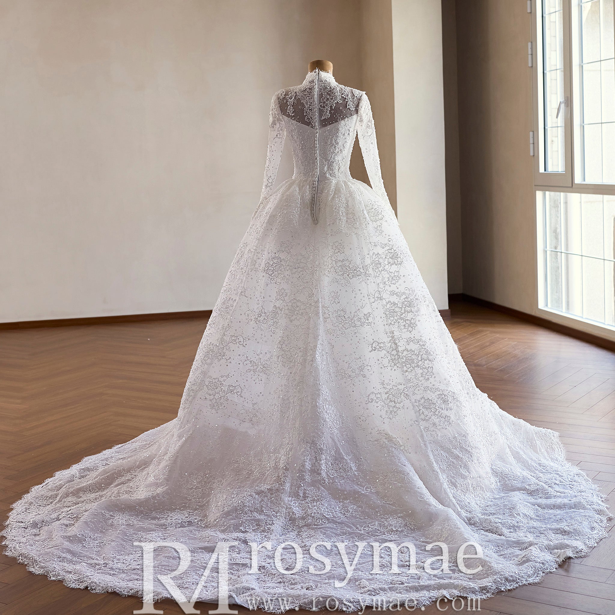 Modest Regal High Neck Long Sleeve Lace Wedding Dress with Overskirt Rosymae Modest Regal High Neck Long Sleeve Lace Wedding Dress with Overskirt Rosymae