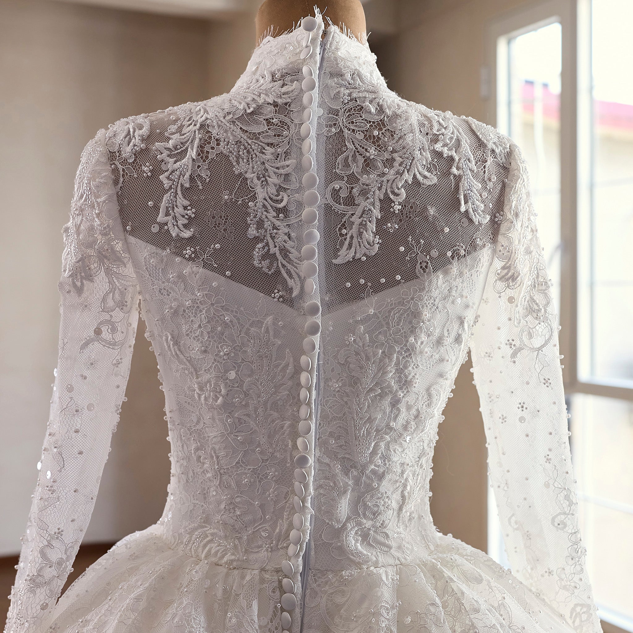 high neck long sleeve lace wedding dress Modest Regal High Neck Long Sleeve Lace Wedding Dress with Overskirt White / 2
