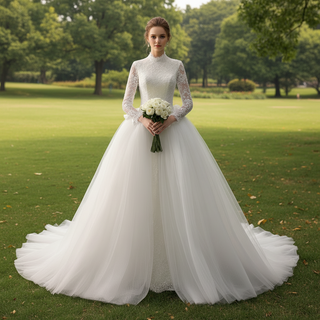 2-in-1 High Neck Lace Wedding Dress with Detachable Overskirt & Mermaid Silhouette