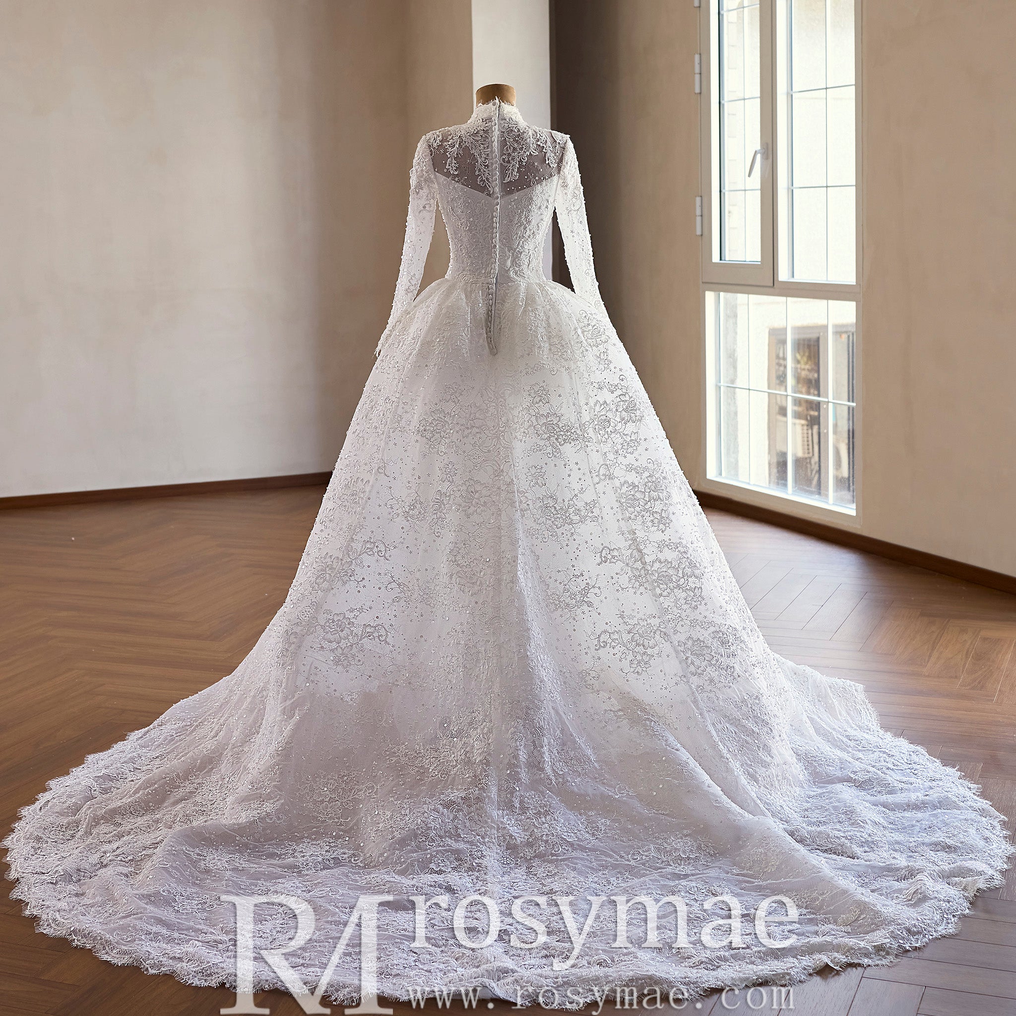 Modest Regal High Neck Long Sleeve Lace Wedding Dress with Overskirt White / 2 Modest Regal High Neck Long Sleeve Lace Wedding Dress with Overskirt White / 2