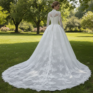 Modest Regal High Neck Long Sleeve Lace Wedding Dress with Overskirt