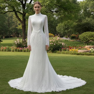 2-in-1 High Neck Lace Wedding Dress with Detachable Overskirt & Mermaid Silhouette