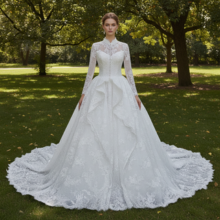 Modest Regal High Neck Long Sleeve Lace Wedding Dress with Overskirt – Rosymae Modest Regal High Neck Long Sleeve Lace Wedding Dress with Overskirt – Rosymae