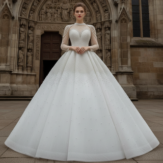 Beaded Pearls Long Sleeve Wedding Dress Luxury O-neck Bridal Gown