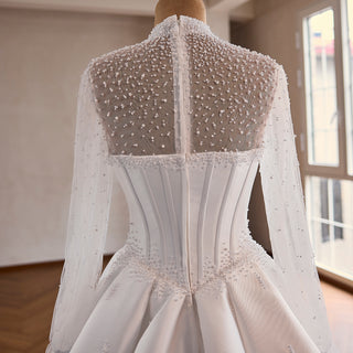 Crystal & Pearl Beaded Illusion Wedding Dress with Drop-Waist Corset and Long Sleeve
