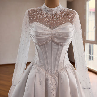 Crystal & Pearl Beaded Illusion Wedding Dress with Drop-Waist Corset and Long Sleeve