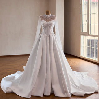 Crystal & Pearl Beaded Illusion Wedding Dress with Drop-Waist Corset and Long Sleeve