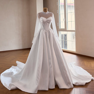 Crystal & Pearl Beaded Illusion Wedding Dress with Drop-Waist Corset and Long Sleeve