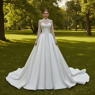 Crystal & Pearl Beaded Illusion Wedding Dress with Drop-Waist Corset and Long Sleeve